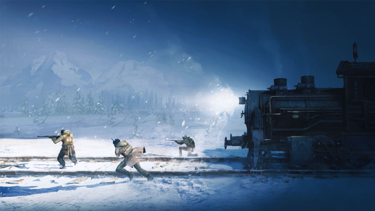 An armored train moving through the snow