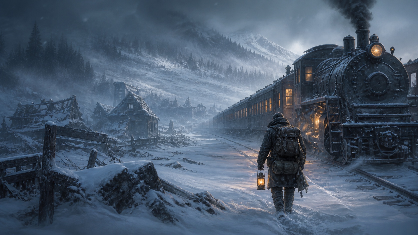 A survivor exploring near an armored steam train